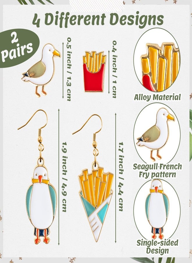 BkeeCten Stud Dangle Earrings Set - 2pairs Seagull French Fry Drop Dangle Earrings Mismatched Summer Enamel Stud & Drop Earrings Beach Vacation Piercing Jewelry Gift Women Trendy Men Sensitive Ears - Image 2